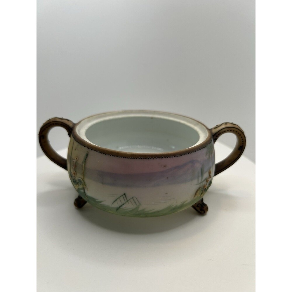 NIPPON Hand Painted Scene Porcelain‎ 2 Handle Footed Open Salt Cellar Vintage
